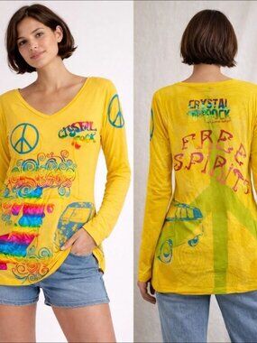 Women's Crystal Rock by Christian Audigier Free Spirits Foil Crew T-shirt-Size S